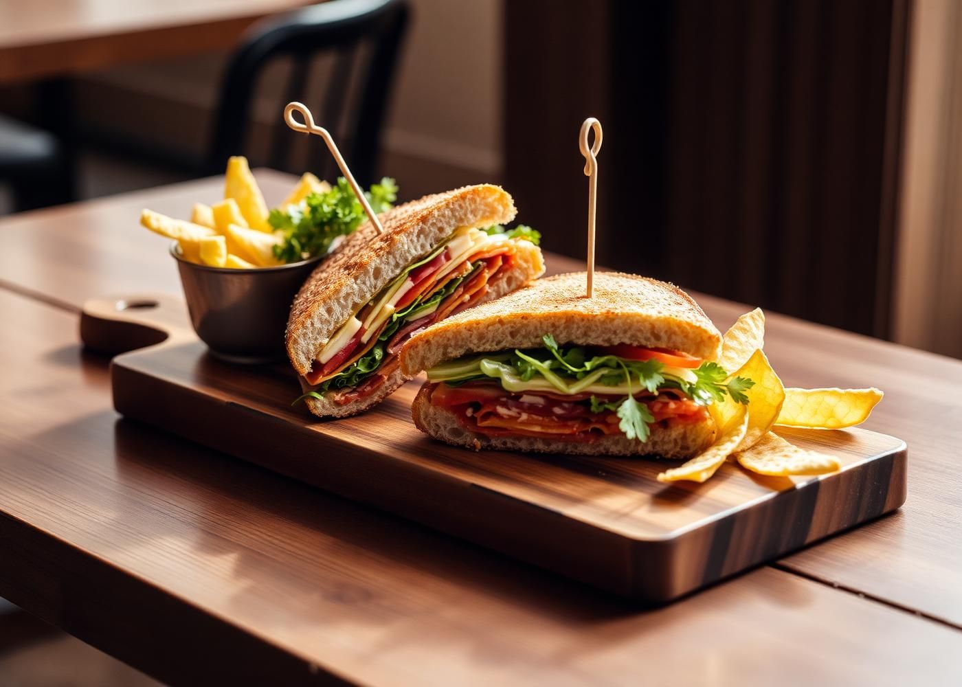 Filled sandwich on a board