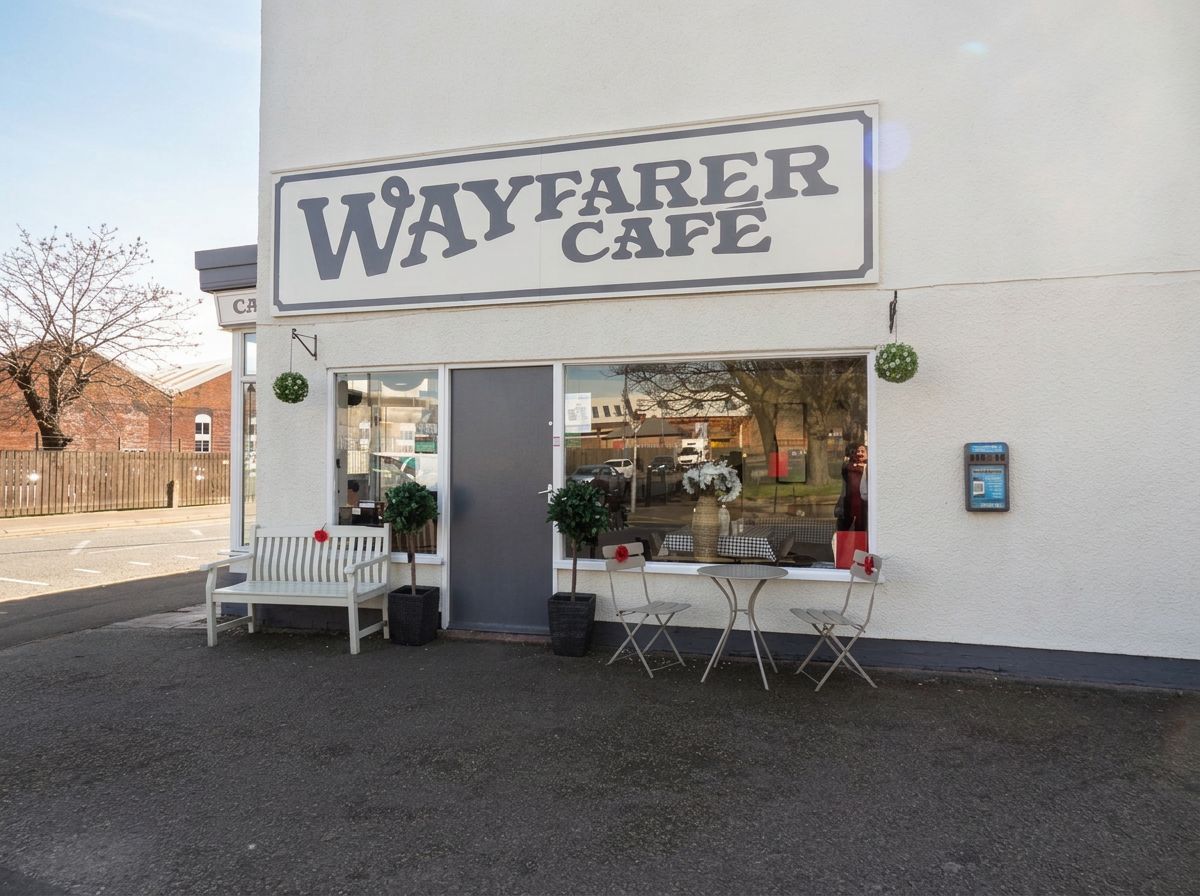 Wayfarer Cafe exterior with bench, bistro table and planters outside the window