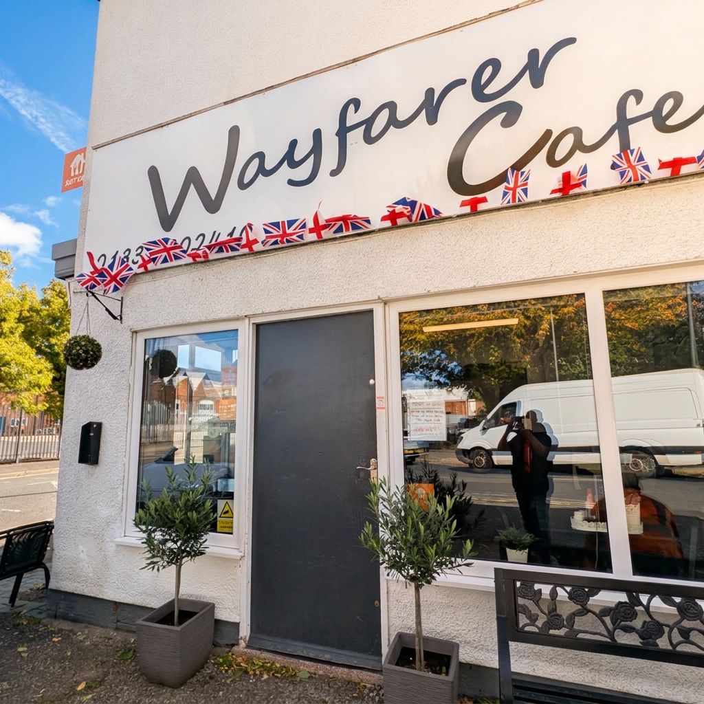 The Wayfarer Cafe shopfront on Osmaston Road, Derby, with hand-painted signage and Union Jack bunting